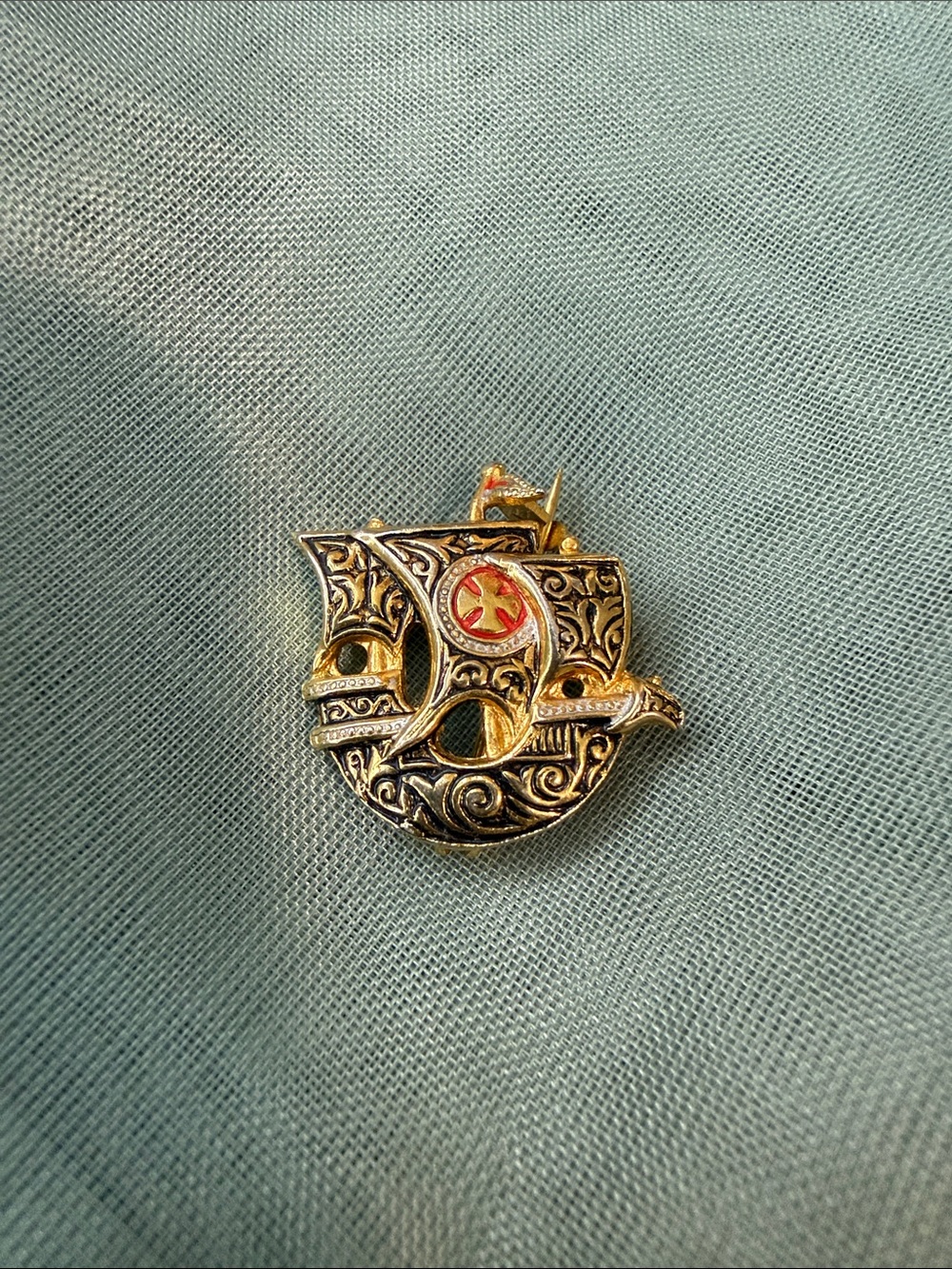 Vintage Spanish Damascene galleon ship brooch.